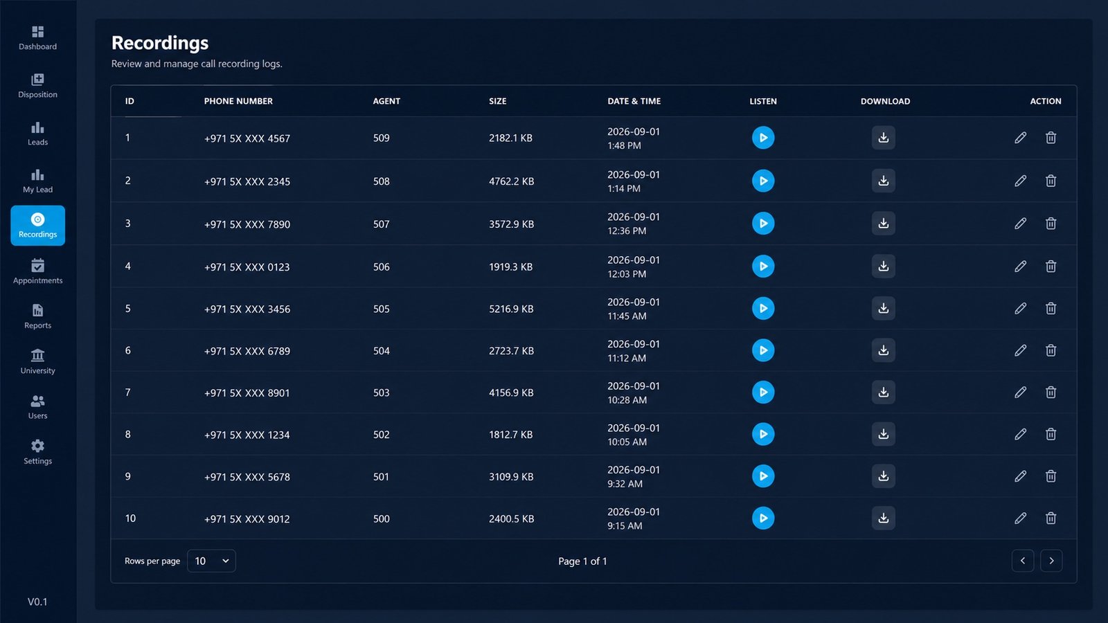 Privacy-safe VOIPBIRD recording management interface with call logs, masked numbers, playback and download controls